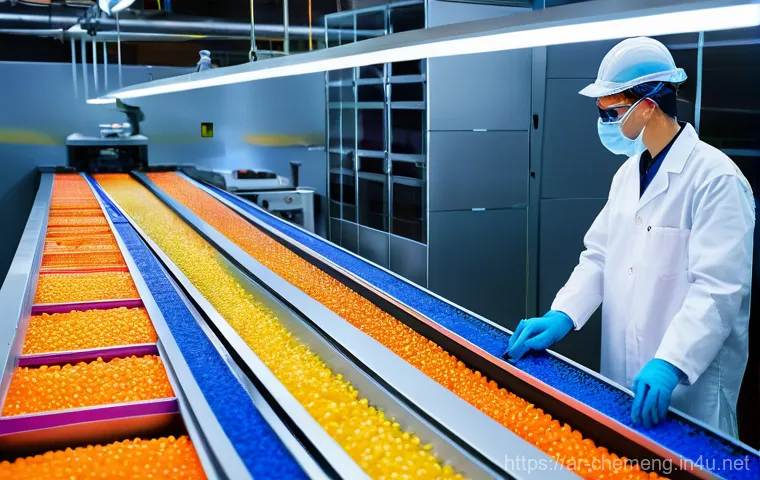 고분자 가공 및 물성 분석 - **Title: The Polymer's Journey: From Pellets to Precision**
**Prompt:** "A brightly lit, clean, ...