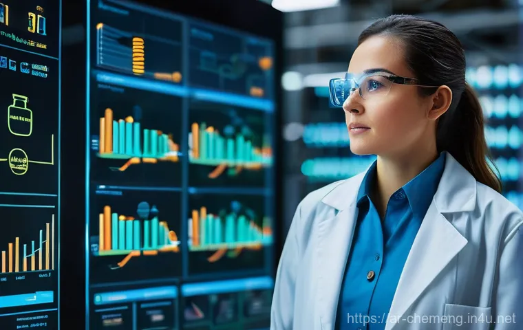 화학공학 데이터 분석 및 AI 활용 - **Prompt:** A highly detailed, realistic image of a female chemical engineer (adult, wearing a clean...