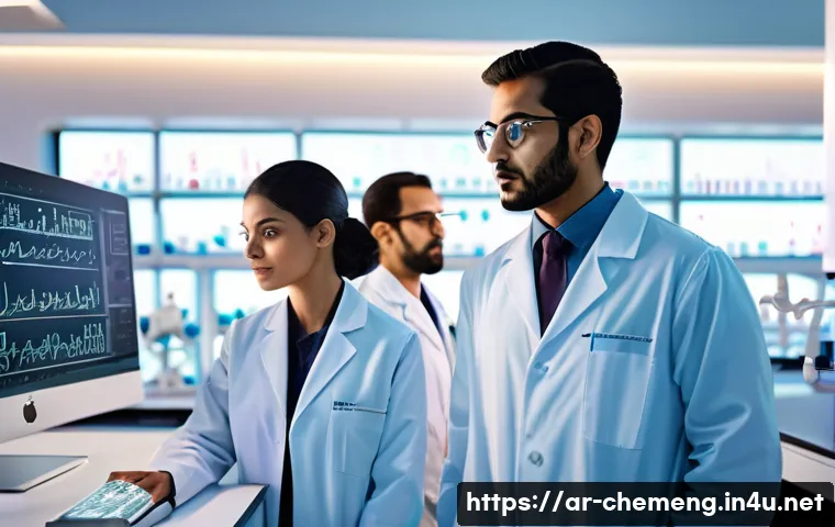 의료용 화학소재 및 공정 - A high-tech pharmaceutical laboratory scene showcasing advanced drug molecule design using computer ...