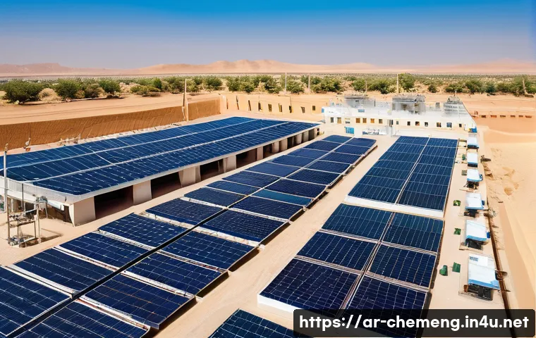수처리 화학공학 - A modern water treatment facility in a Middle Eastern desert city, showcasing advanced reverse osmos...