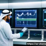 화학공학과 로봇 자동화 - A high-tech chemical industrial control room in a modern Saudi Arabian factory, featuring advanced s...