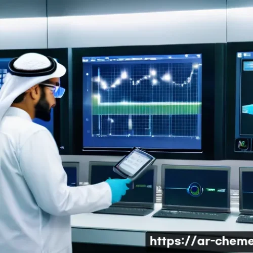 화학공학과 로봇 자동화 - A high-tech chemical industrial control room in a modern Saudi Arabian factory, featuring advanced s...