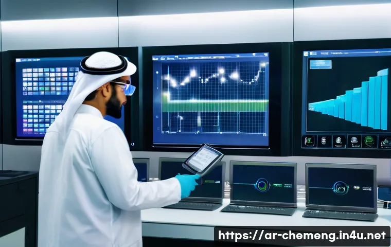 화학공학과 로봇 자동화 - A high-tech chemical industrial control room in a modern Saudi Arabian factory, featuring advanced s...