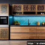 전자재료와 나노기술 - A modern Arabic kitchen featuring smart home appliances with Arabic calligraphy-style digital displa...