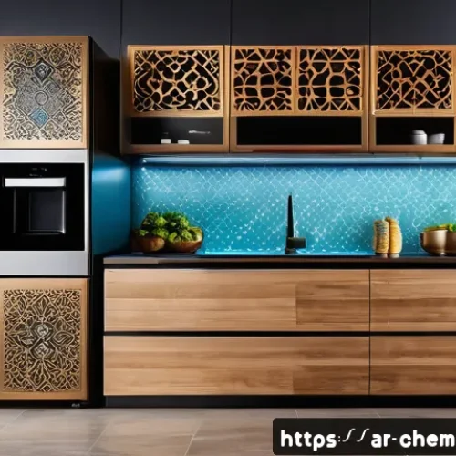 전자재료와 나노기술 - A modern Arabic kitchen featuring smart home appliances with Arabic calligraphy-style digital displa...
