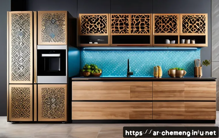 전자재료와 나노기술 - A modern Arabic kitchen featuring smart home appliances with Arabic calligraphy-style digital displa...