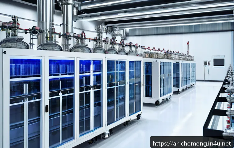 화학공정 자동화 및 스마트팩토리 - A modern chemical manufacturing plant interior featuring advanced AI-driven production lines with sm...