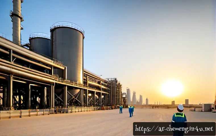 석유화학 및 정유공정 - Photorealistic wide-angle view of a modern oil refinery at sunrise in an Arabian Gulf desert setting...