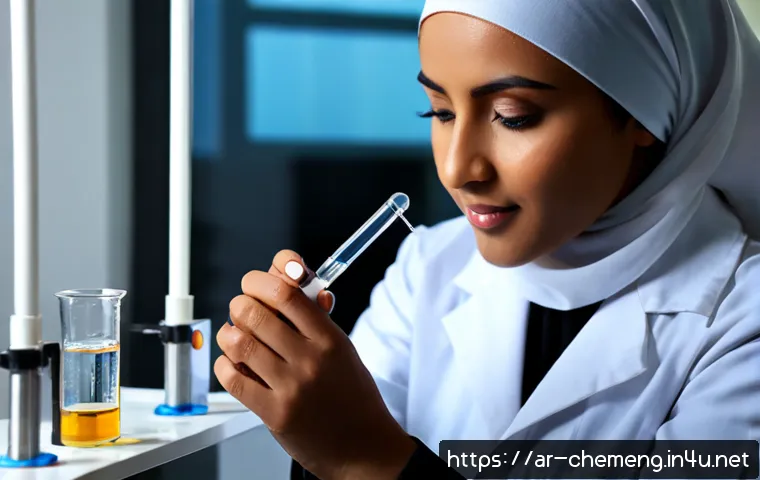 화학센서 및 바이오센서 개발 - Photorealistic close-up of an Arab female scientist in a modest white lab coat and neatly styled hij...